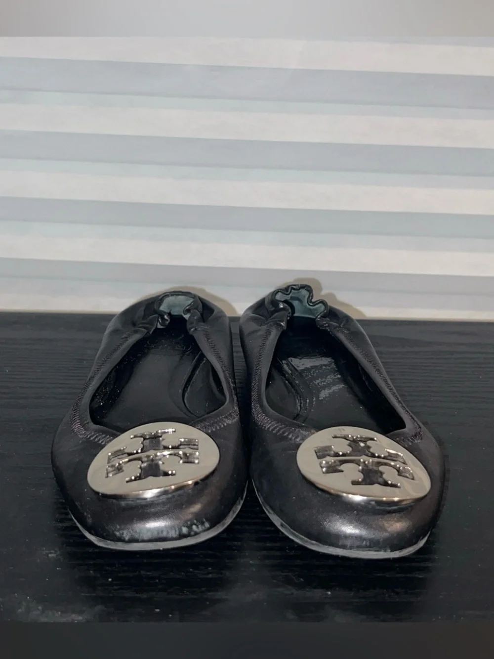 Tory Burch Black Leather Ballet Flat with Gold Medallion